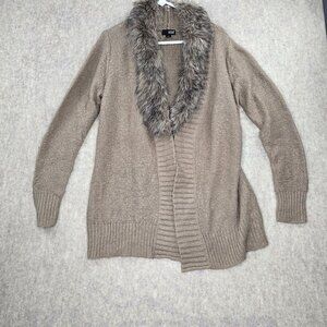 A.n.a Faux Fur Trim Beige Knit Cardigan Sweater Large Acrylic Blend Open Front
